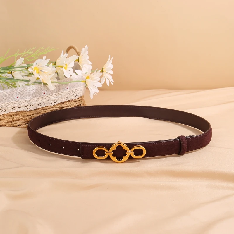 Suede Cowhide Belt for Women with Vintage Flower Ring Buckle Classic Design for Casual Jeans Pants and Everyday Wear