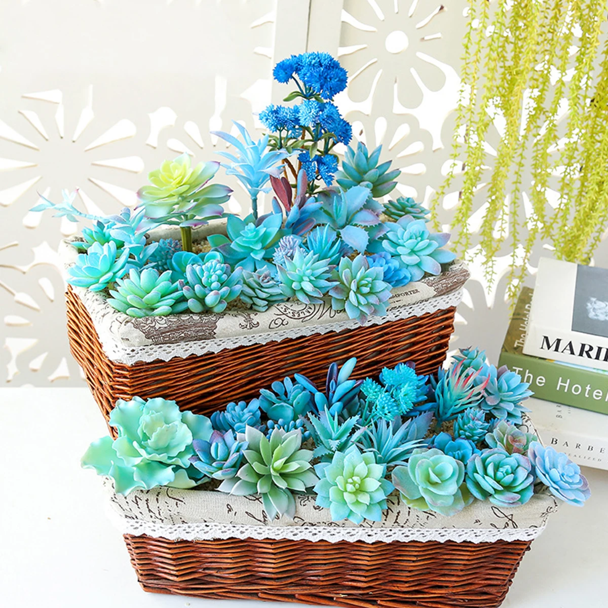 Niebieskie sztuczne sukulenty flokowane, mini fałszywe sukulenty, rękodzieło DIY, domowa ściana kwiatowa, aranżacja ogrodowa, dekoracje biurowe