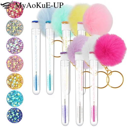 5/10/20 Uds cepillo de pestañas de tubo con llavero dorado y Bola de pompón de piel esponjosa peine para cejas extensión de pestañas cepillo de maquillaje herramienta de belleza