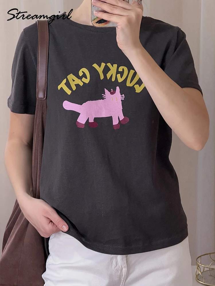 Streamgirl Summer Cat T Shirt Women White Plain Cotton Short Sleeve Tee O Neck Loose Black Tops Ladies Sweet Women T Shirts