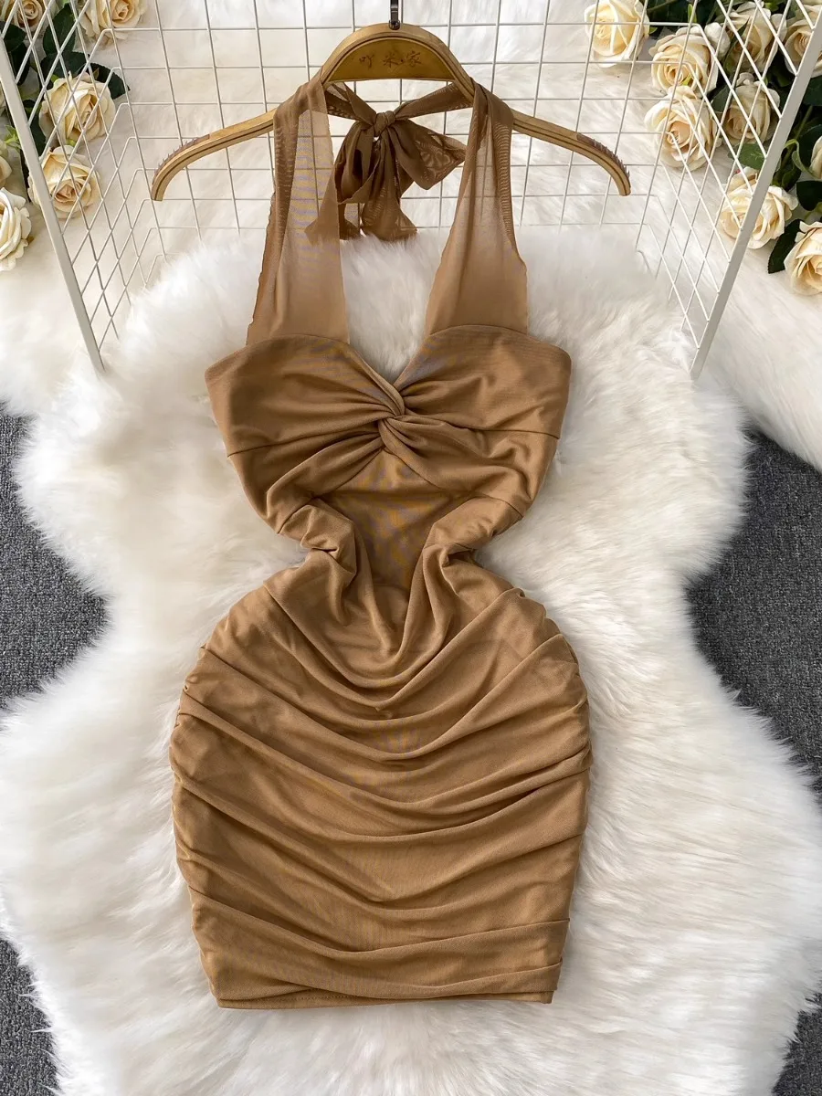 Foamlina 痩身ツイスト V ネックホルタードレス女性の夏のメッシュプリーツ締め付けウエストボディコンミニスカートドレス