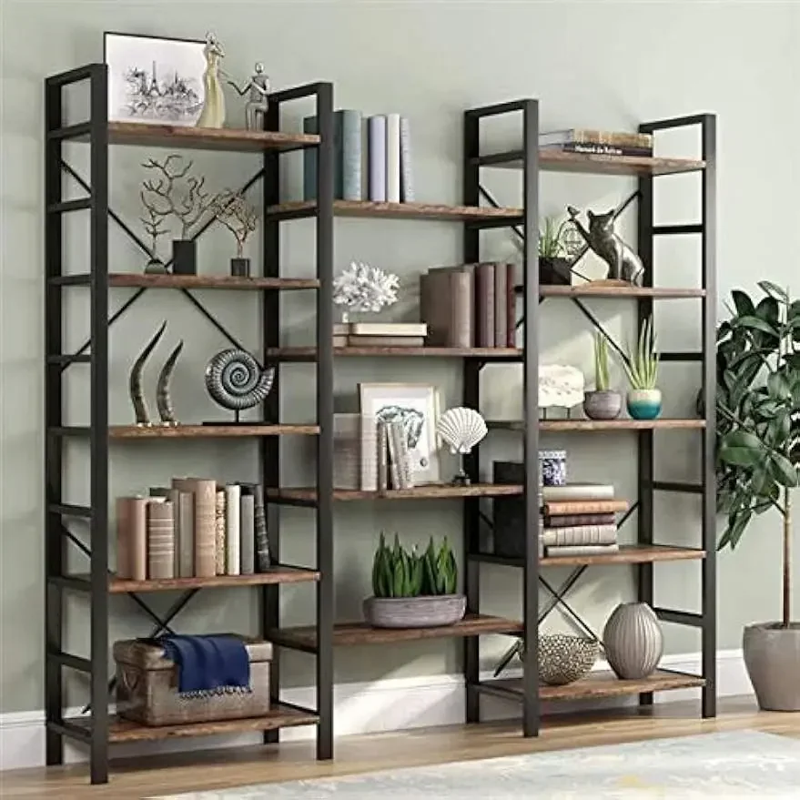 5-Shelf Bookcase, Etagere Large Open Bookshelf Vintage Industrial Style Shelves Wood and Metal bookcases Furniture for Home