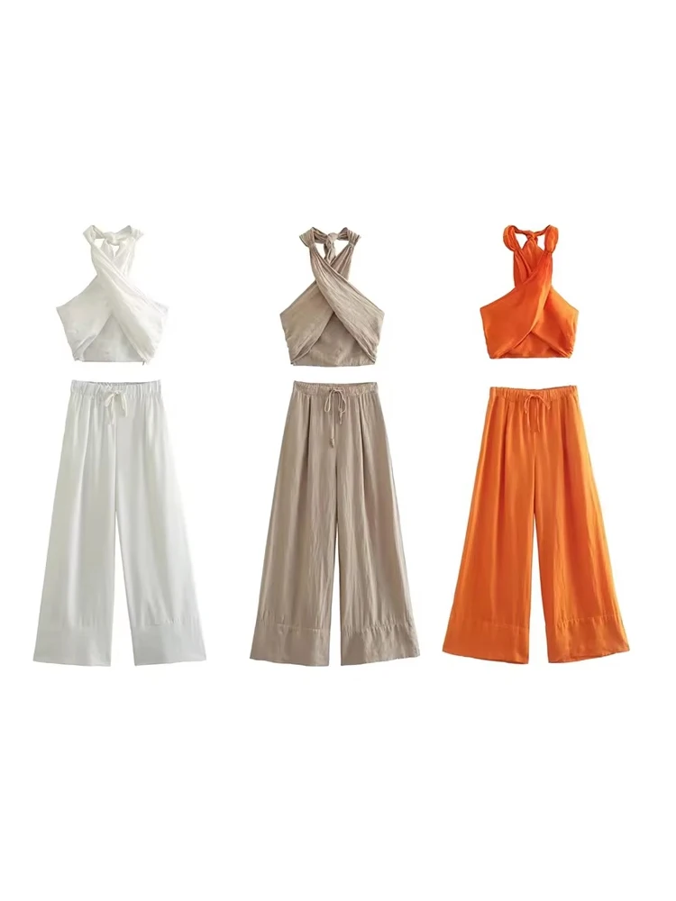 

HH Women Fashion Suit Backless Halter Top Y2k Sexy Strapless Sleeveless Strap+Straight Casual Oversized Loose Trouser