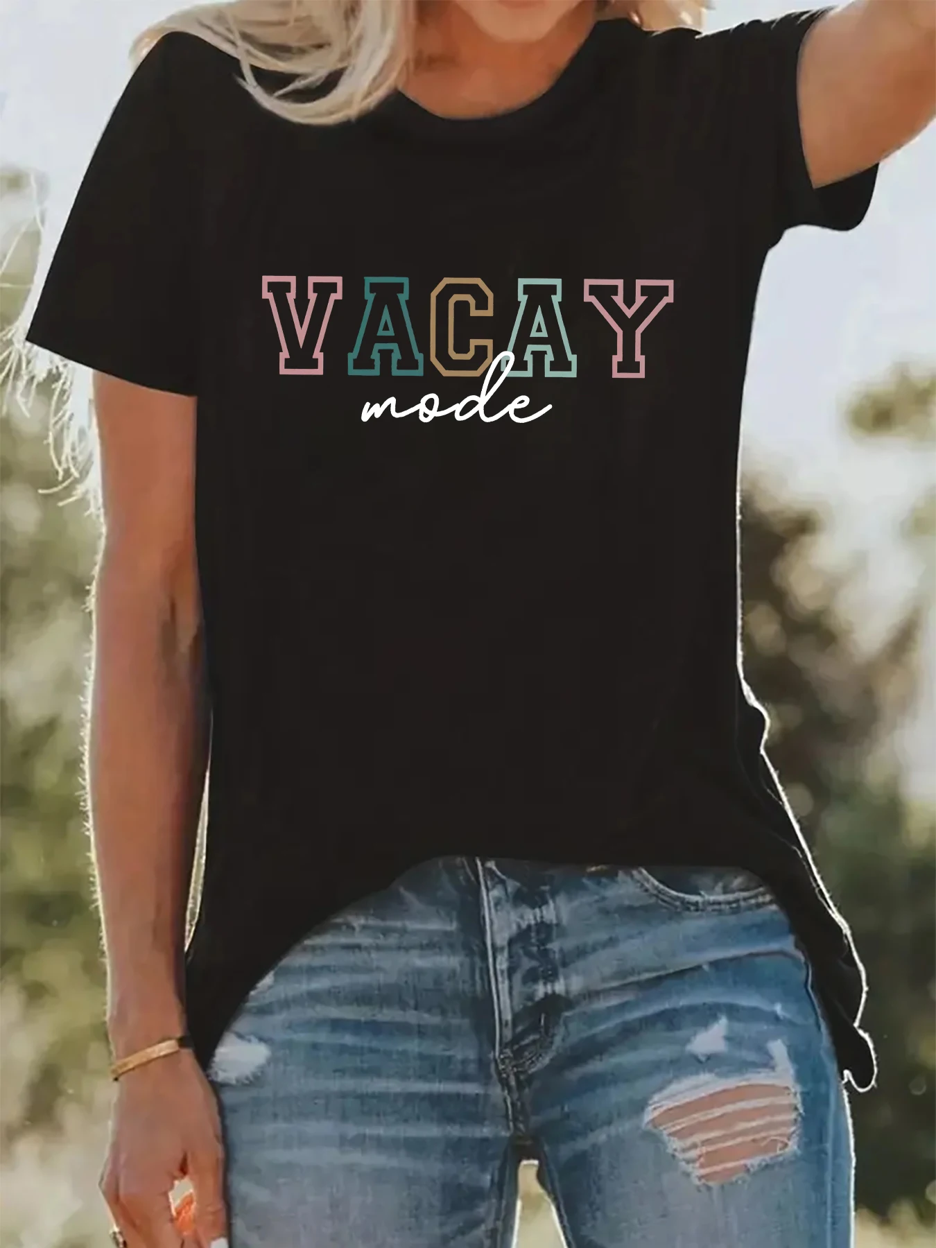 

2024 Vacay Mode Pattern T-Shirt Women's Cute Shirt Summer Fashion Harajuku Leisure Round Neck Harajuku Style Women's T-Shirt