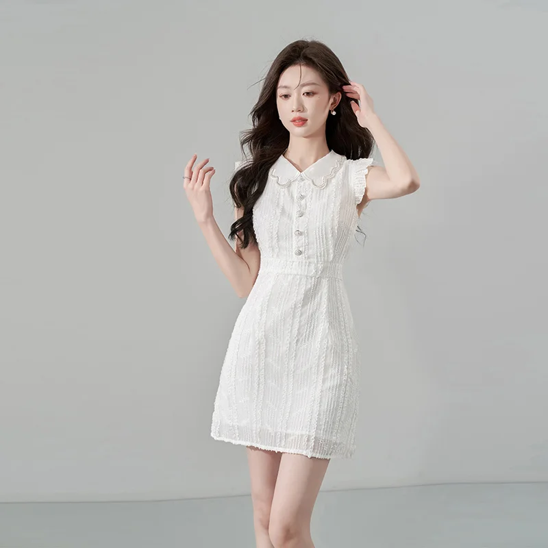 Summer New Korean Sweet Lace Embroidery Dress For Women Elegant White Peter Pan Collar Single Breasted Mini Party Vestidos J743