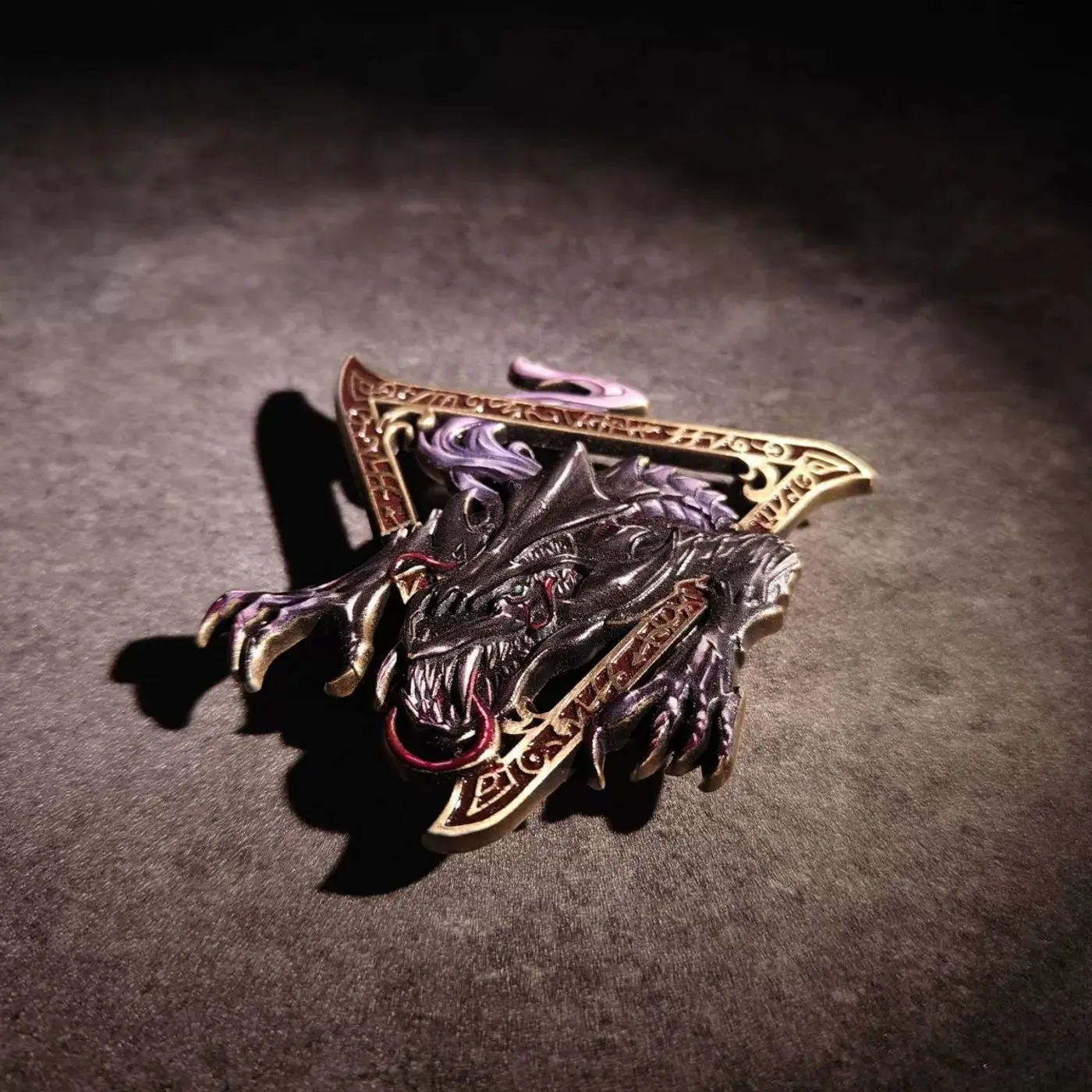 Triangle Frame Dragon Enamel Lapel Pin Retro Dark Black Dragon Purple Smoke Pattern Metal Brooch Backpack Clothes Decor Gift