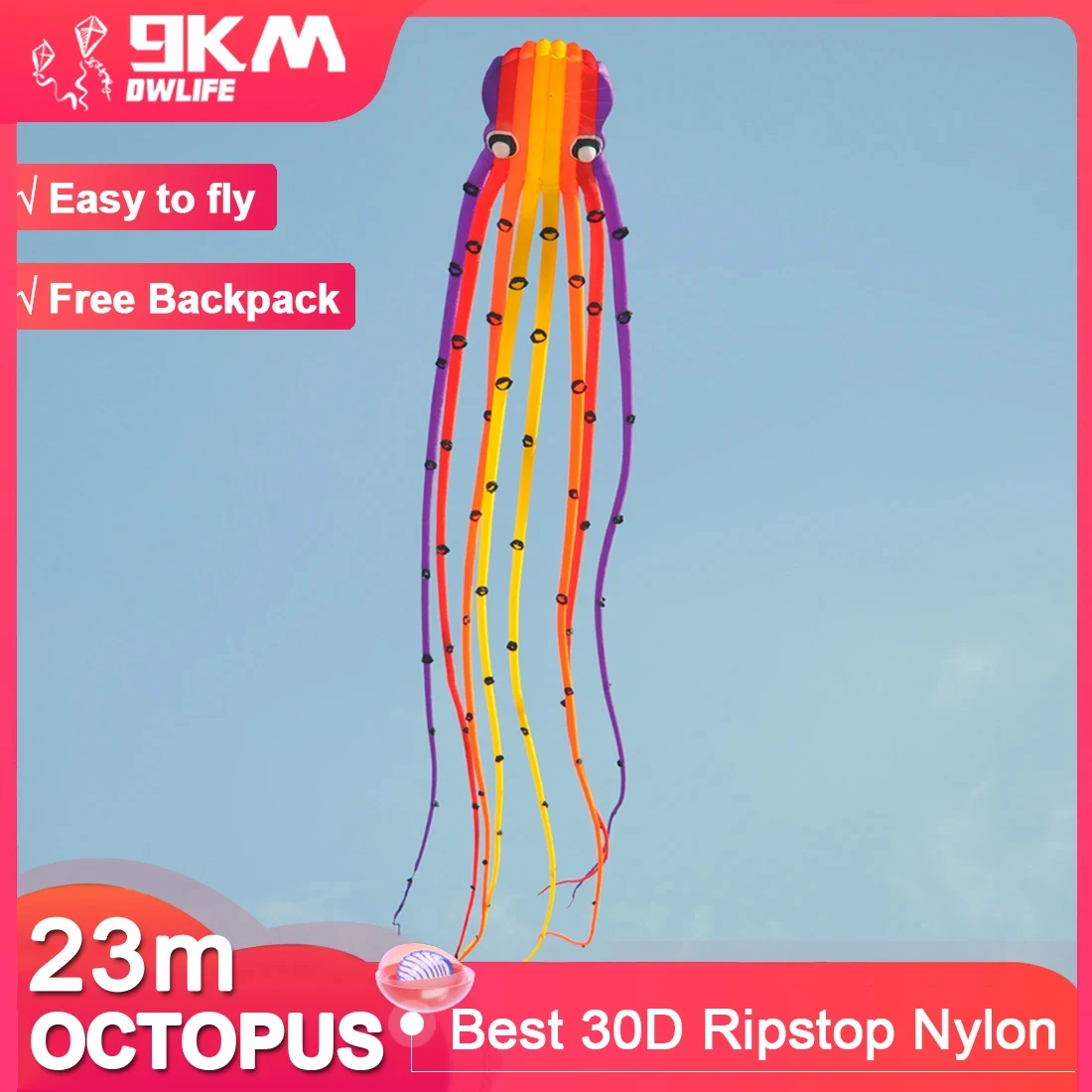 9KM Giant 23m Octopus Kite Line Laundry Kite Soft Inflatable 30D Ripstop Nylon with Bag for Kite Festival (Accept wholesale)