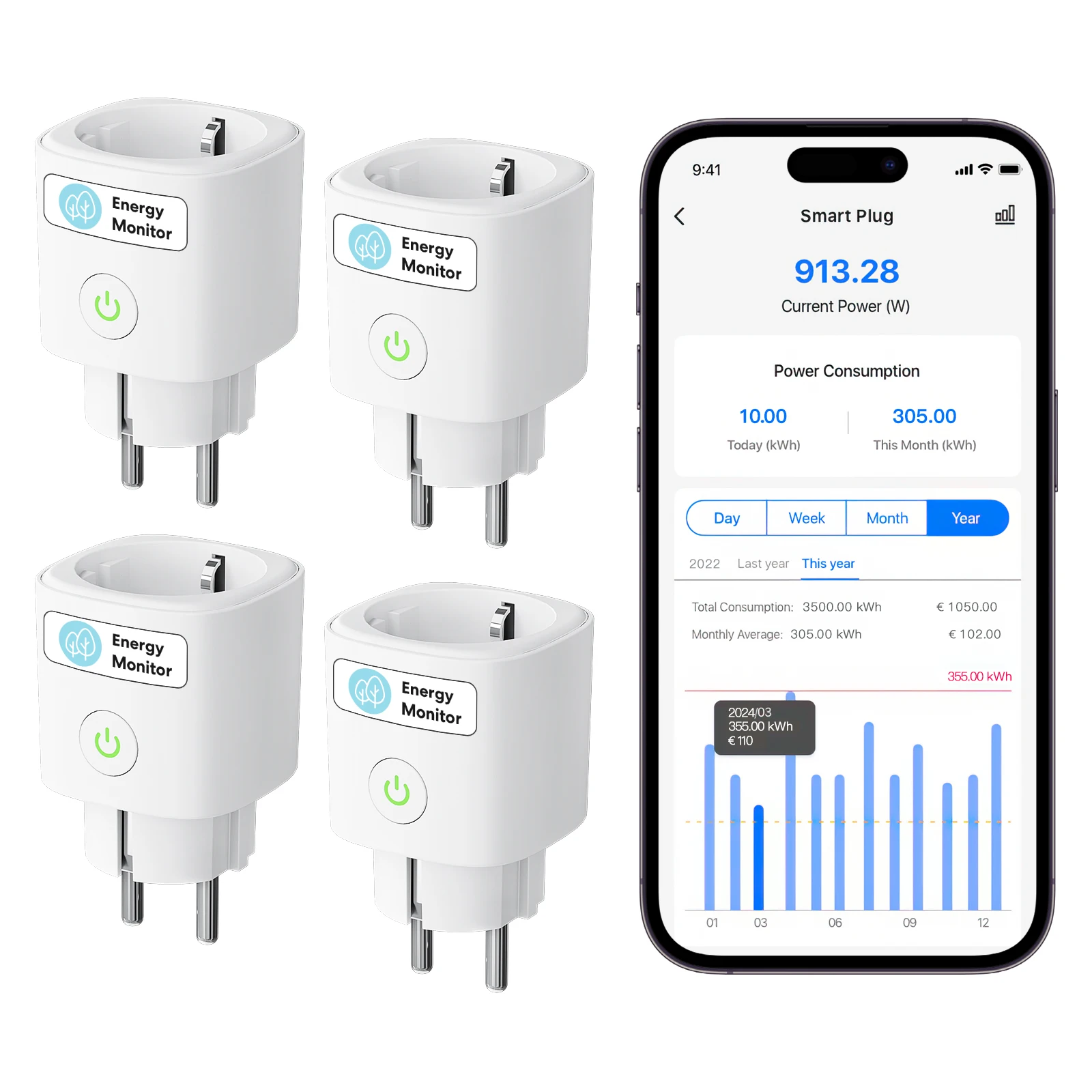 Meross Matter Smart Wi-Fi EU Plug with Energy Monitor Function Work with Apple Homekit Google Home Smartthings Alexa