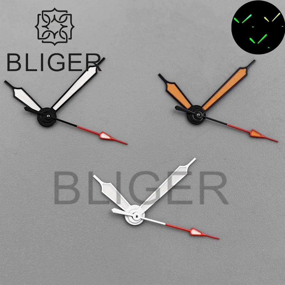 BLIGER NH35 Style pilote montre aiguilles noir blanc Orange pointeurs demi rouge seconde main vert lumineux ajustement NH35NH36 ETA2824 Movemen