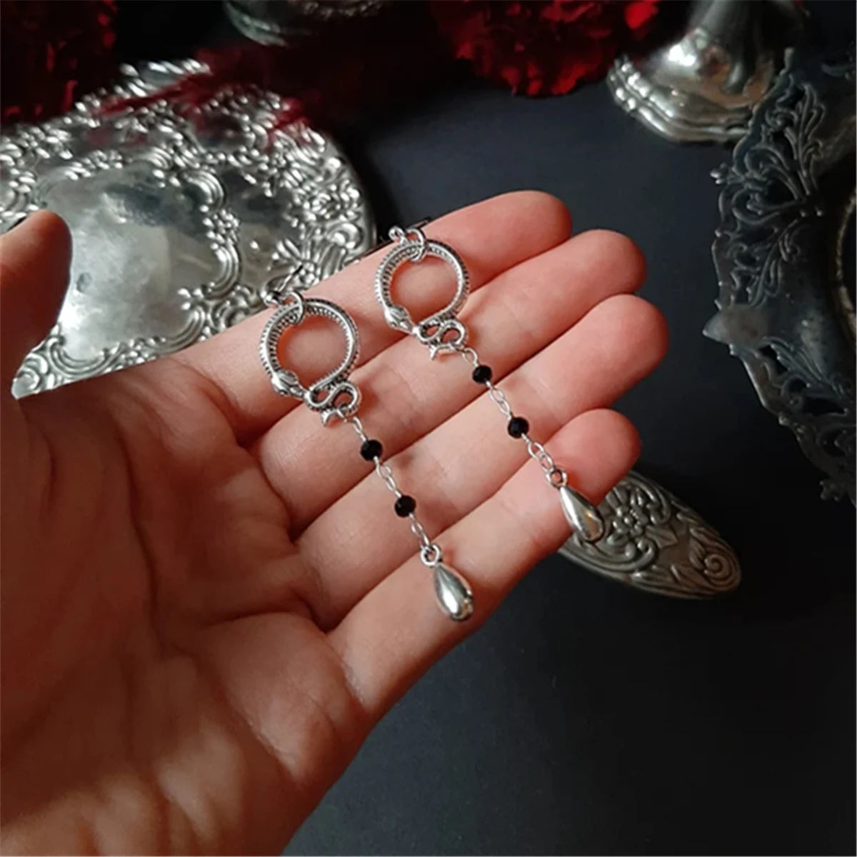 Ouroboros Crystal Drop Earrigns Gothic Witchy Occult Alternative Nugoth Romantic Equinoxart Fashion Medieval Women Gift Jewelry