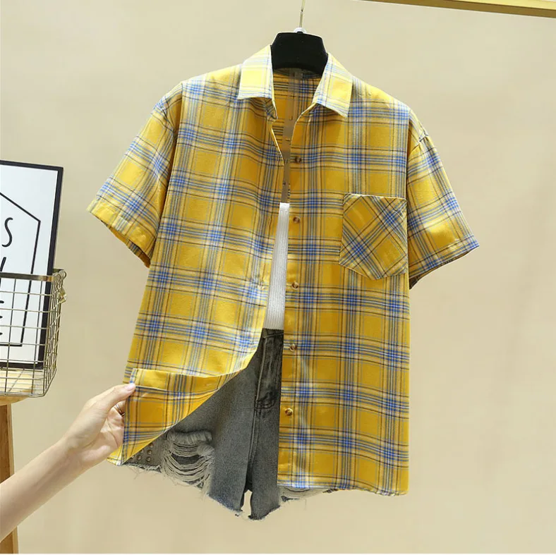 2023 Summer New Casual Women\'s Plaid Shirt Cool Breathable Cotton Lady Short Sleeve Blouse and Tops College Style Ladies Clothes