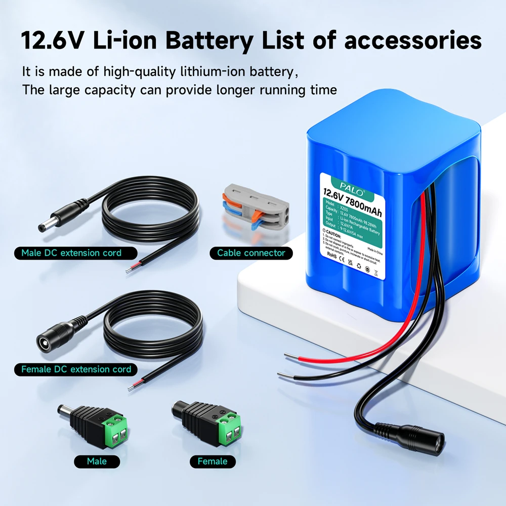 12.6V 7800mAh Lithium Ion Rechargeable Battery for Radio Cameras Camcorders Solar Lights Alarm Systems Electronic Toys + Charger