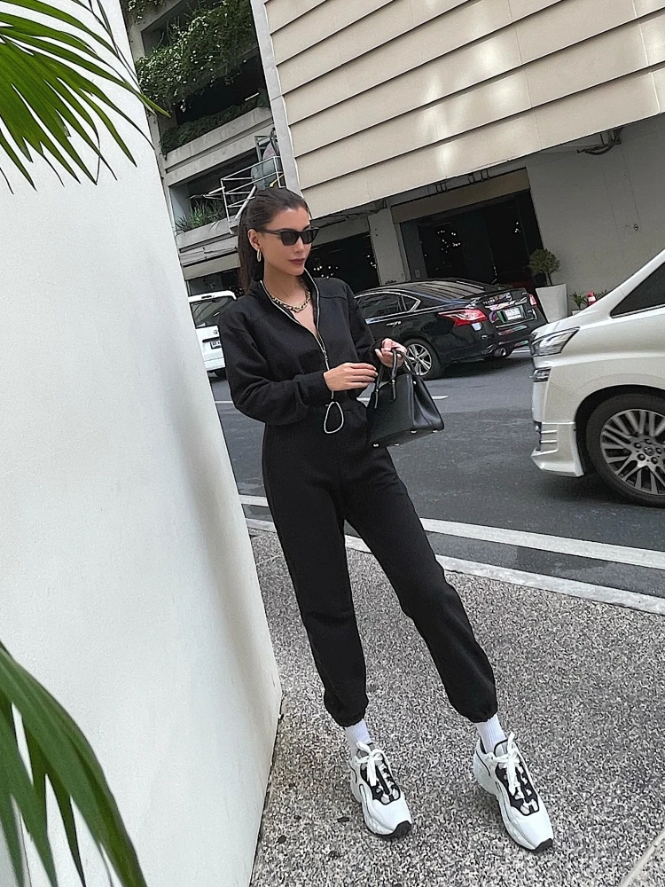 

DuanStyle Original Retro Shoulder Insert Sweatshirt Pants Black Grey Thick Loop Elastic Waist One-Piece Small Stand Collar