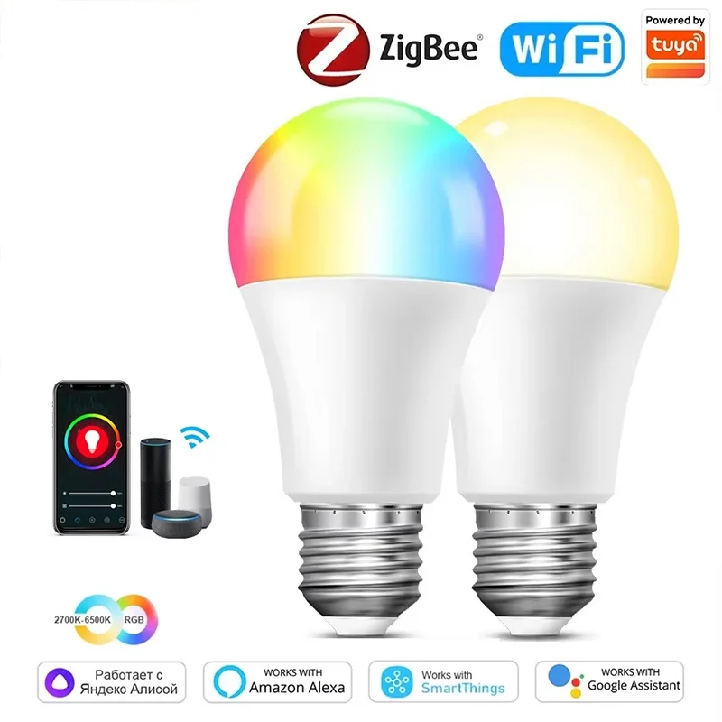 E27 LED Smart Bulb WiFi Tuya Smart Life APP Control Dimmable 15W 18W RGB+CW+WW Light Bulb For Home Bedroom Hotel Bar Party Decor