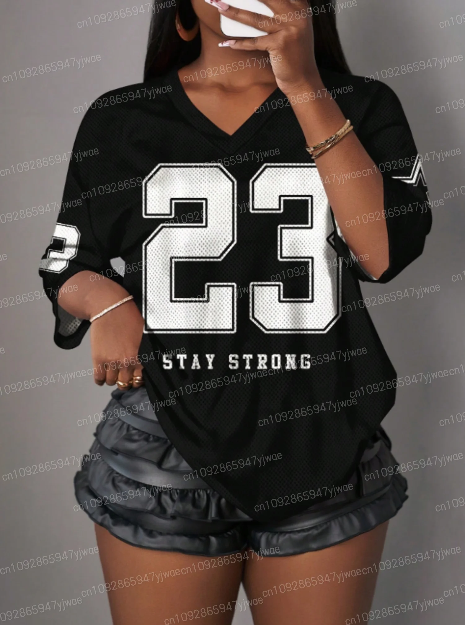

2025 STAY STRONG Number 23T Shirt For Women Mesh fabric Striped V-Neck Tee Summer Harajuku Trend Short Sleeve Streetwear Tops