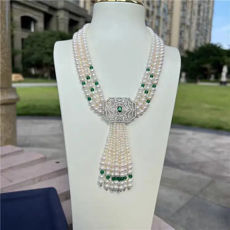 Jewelry 20'' 3 Strands Cultured White Pearl Green agate Necklace White Pearl Cz Pendant