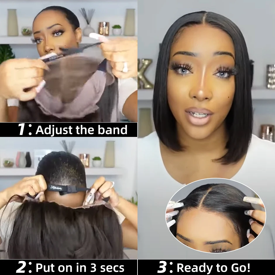 YAWAWE Pre-Bleached Knots Glueless Wig Ready To Wear Wigs Straight Pre-plucked Human Hair Bob Wigs Pre-cut HD Lace Wear Go Wigs