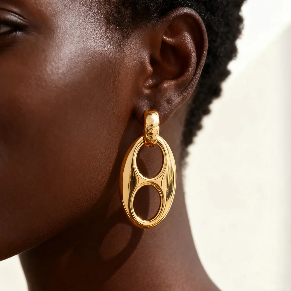 Double Circles Hoop Earrings for Women Stainless Steel 14K Gold Chunky Oval Earring Clean Girl Jewelry