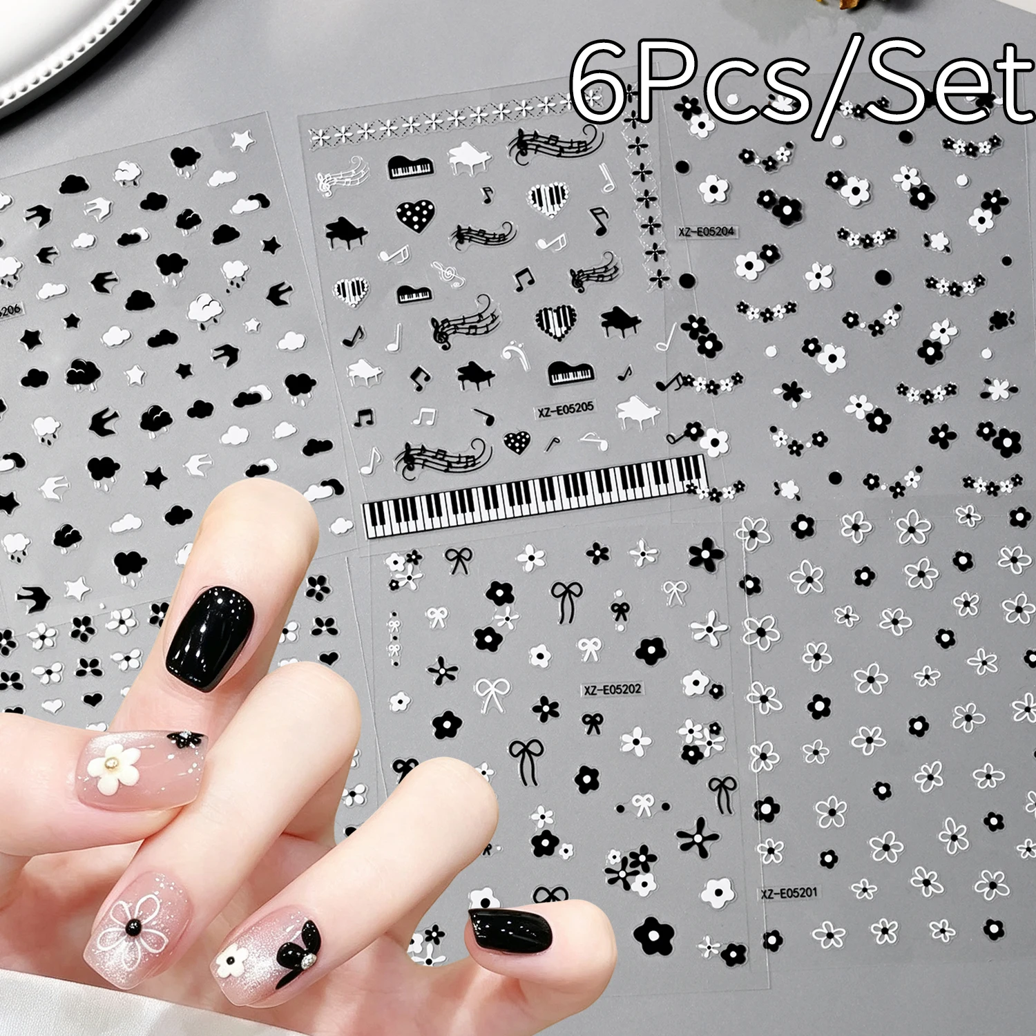 1/6Pcs Sweet Cool Nail Decals 3D Black White Daisy Bow Heart Music Note Self-Adhesive Nail Decal 5-Petal Flowers Nail Decoration
