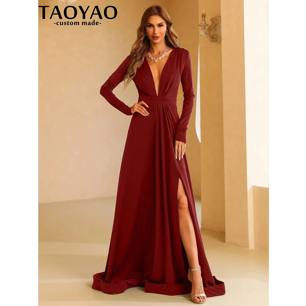 TaoYao Women Evening Dresses New Elegant A Line V Neck Prom Dresses Long Sleeve Split Thigh Formal Party Gowns Elegant 2023