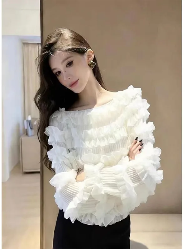 

Черная женская блузка на одно плечо с длинным рукавом, сексуальный топ с открытым плечом, весенняя новинка, кружевная отделка, корейский стиль, свободный крой