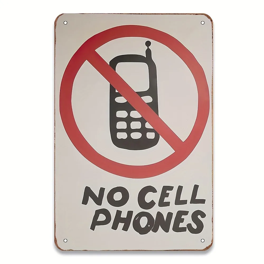 (Peinture sur métal 2D) Panneau métallique humoristique vintage « Pas de téléphones portables » |   Décoration murale rétro en fer de 12x8 pouces pour salle de classe, garage et bar |   Facile