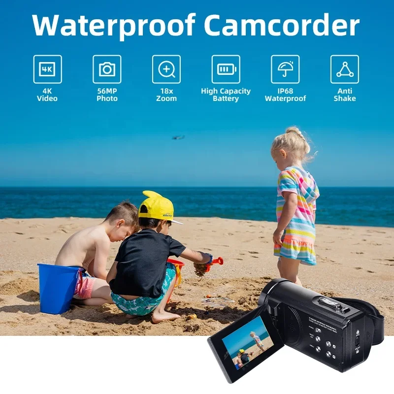 4K Video Camera Camcorder 16.4Ft  Waterproof   Ultra HD 56MP  18X  Zoom Underwater Camera Vlogging  For Youtube