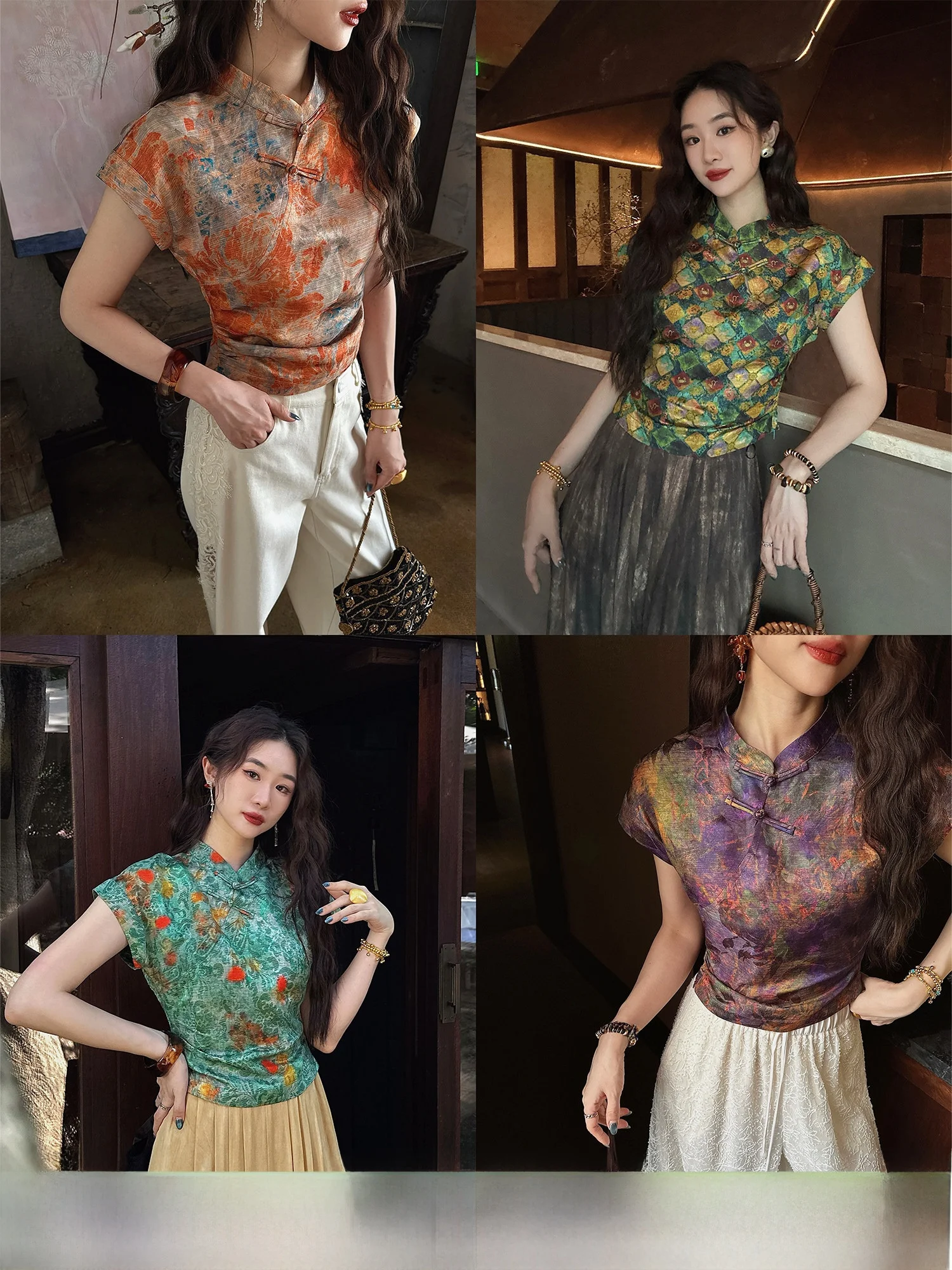 

Sanji Bla Flower New Chinese Sle Elegance Women's ort Sve irt Raindrop Hemp Ladies Top Flag Robe Spring Commute Wind