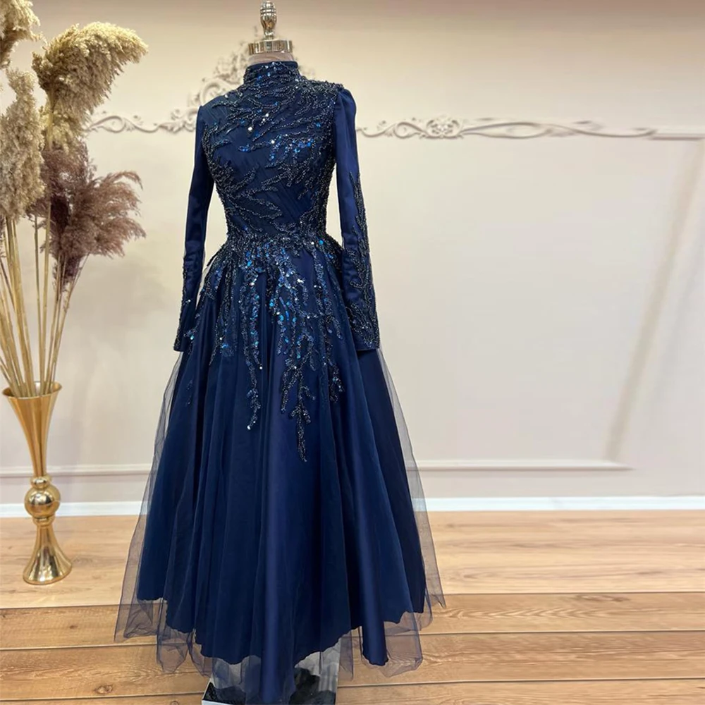 

Beads Ankle Length A Line Prom Dress for Women High Collar Long Sleeve Short Evening Party Gown Sequin Arabic Dubai Formal Wear