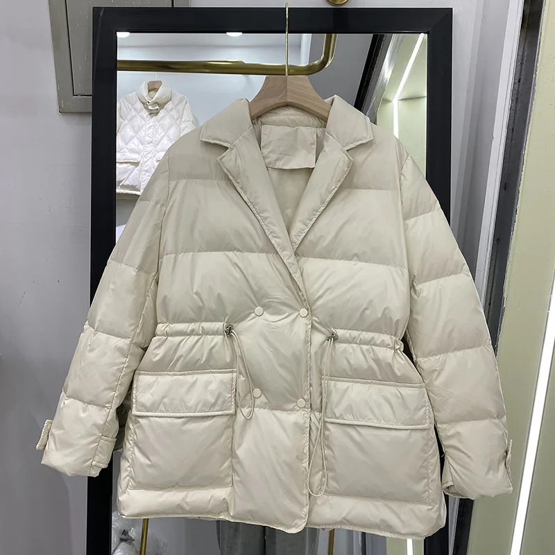 

Winter Women White Duck Down Coat Female Notched Collar Double Breasted Coat Casual Lady Drawstring Puffer Outwear