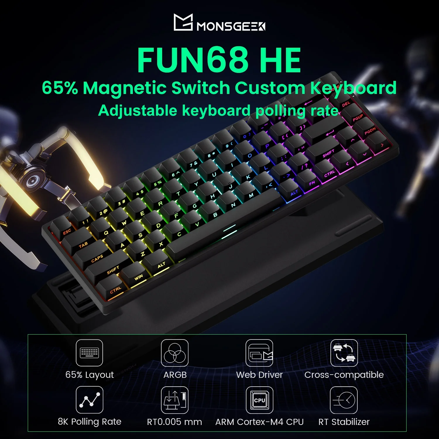 

MonsGeek FUN68 HE Механическая клавиатура 65% ANSI Магнитный переключатель Быстрый триггер 0,005 мм 8K ARGB USB/Беспроводная игровая пользовательская клавиатура