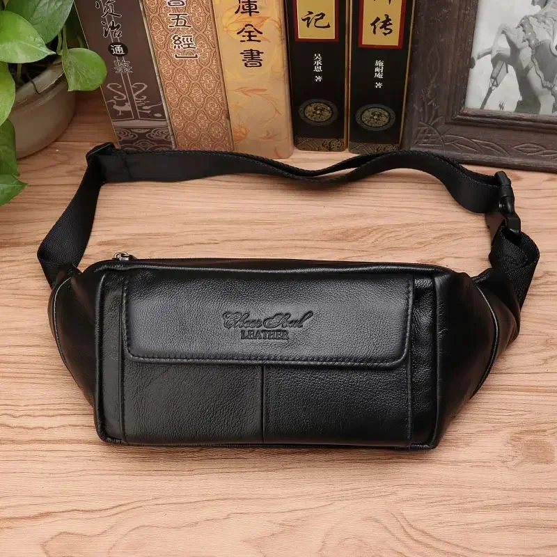 Cintura de couro real masculina, Bum Sling Chest Pack, Bolso casual, Bolsa de ombro, Couro genuíno masculino, Loop Hip Belt, Fanny Bag