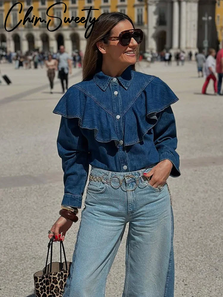 Modna, marszczona koszula dżinsowa damska z klapką i kołnierzykiem metalowy pojedynczy piersi z długim rękawem top na co dzień 2025 letni strój biurowy damski