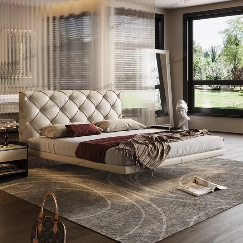 FG Leather 200×180cm Beds Double Luxury Backrest White Modern Adults Bed Bedroom Cabinets Floating Camas De Dormitorio Furniture