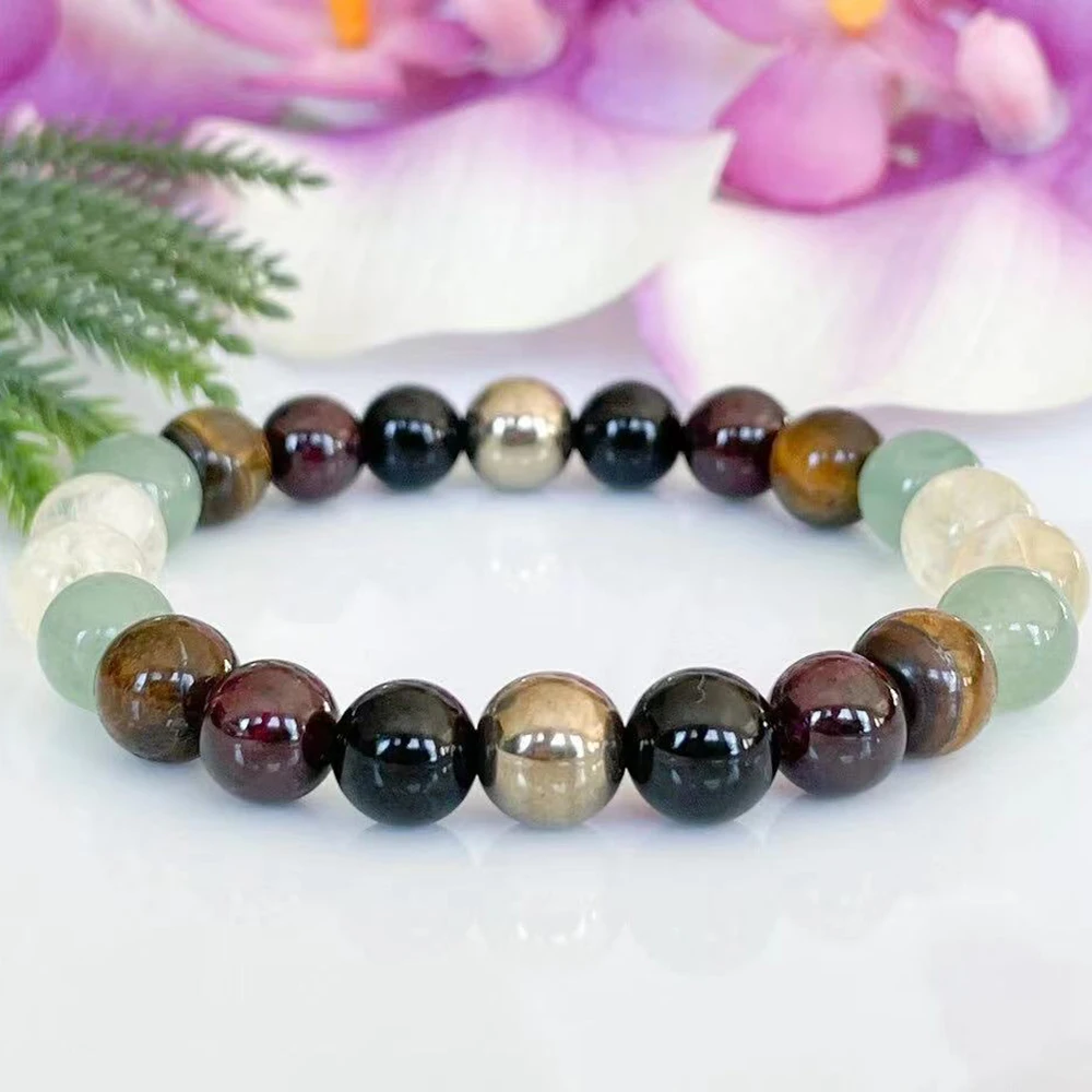 MG1918 8 MM Gold Rutilated Quartz Black Tourmaline Tiger Eye Bracelet Womens Gemstone Crown Chakra Wrist Mala Yoga Jewelry