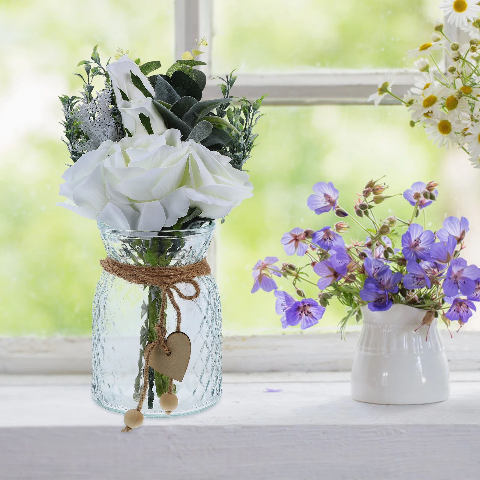 

1 set Flowers Vase Artificial Flowers With Vase Arrangement Glass Rose Bouquet Decor Home HotelWedding Adornment Long Term Use