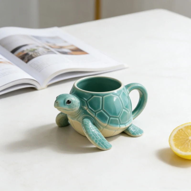 Novelty Green Turtle Shaped Ceramic Mug, 3D Animal Coffee Cup with Ergonomic Handle, Great Gift for Pet Lovers