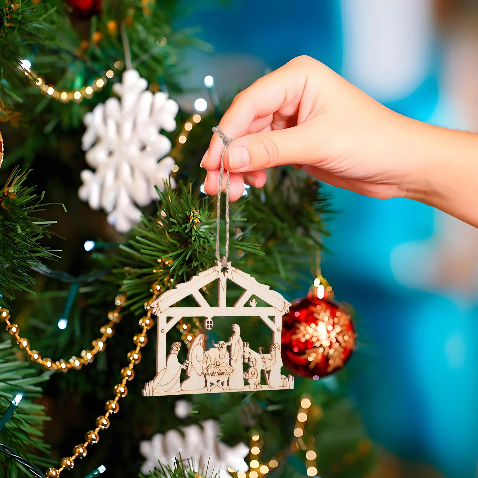 

20Pcs Wood Nativity Ornaments 3D Christian Hanging Pendants for Christmas Tree Decorations The Birth of Jesus Home Office