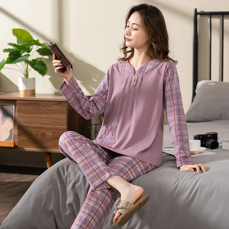 Checkered pajamas Spring and Autumn pure cotton women's pullover V-neck casual autumn women's pajamas