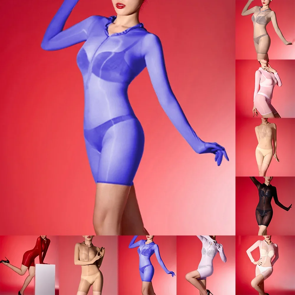 

Womens Sexy Lingerie Shiny See-through Slim-fitting Long Sleeves Sexy Bodysuit