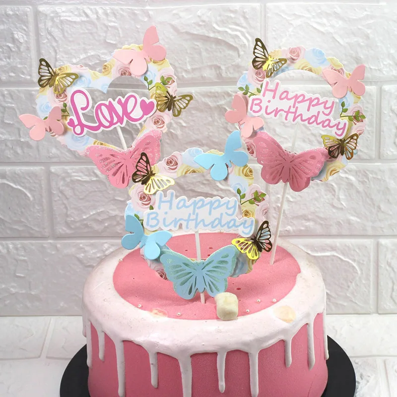 

Love Butterfly Happy Birthday Cake Flags Birthday Wedding Party Cake Topper Pink Blue Butterflies Cake Baking Decor