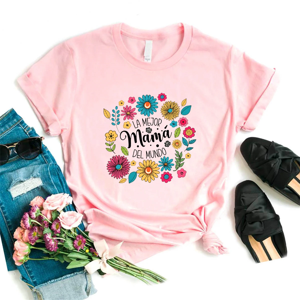 

La Mejor Mama Del Mundo Graphic Printed Tshirt Women Flowers Mother'S Day Gifts T Shirt Femme Summer Short Sleeve T-Shirt Female