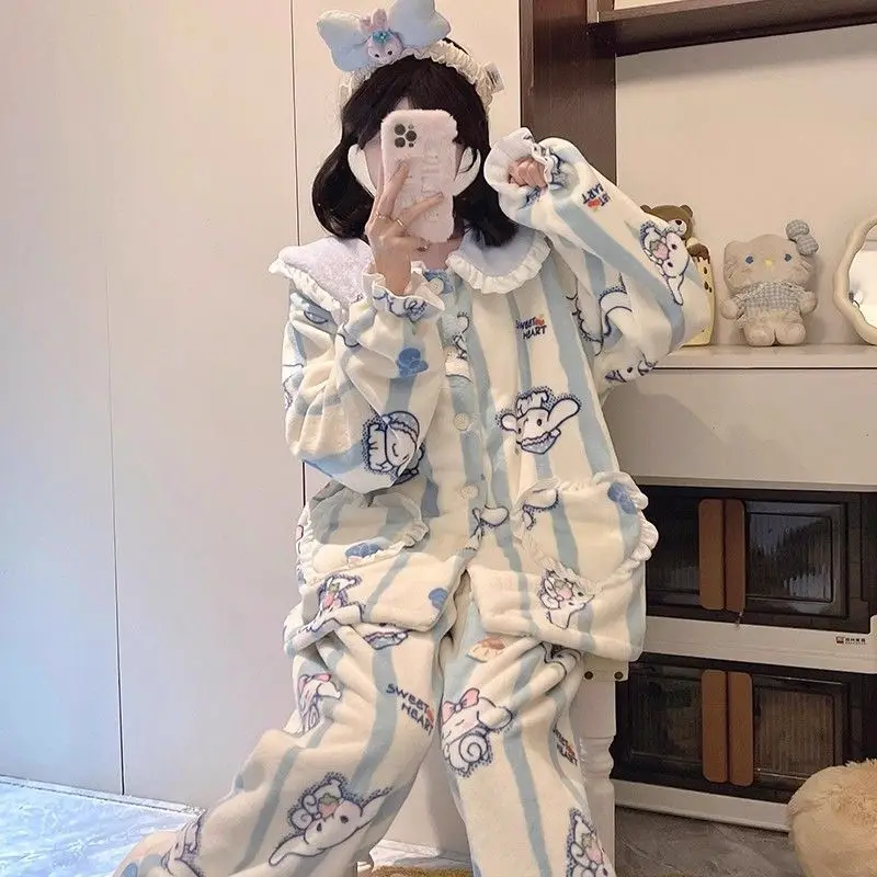 بيجامة مخملية مرجانية ناعمة ولطيفة على الموضة للفتيات للخريف والشتاء على طراز الأميرة من الفلانيل بالإضافة إلى ملابس منزلية سميكة #4