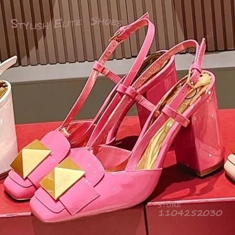 

Square Toe Sandals Girls Luxury Black Patent Leather Rivets Gold Insole Rose Red Open Heel Buckle Cover Heels Party Green Shoes