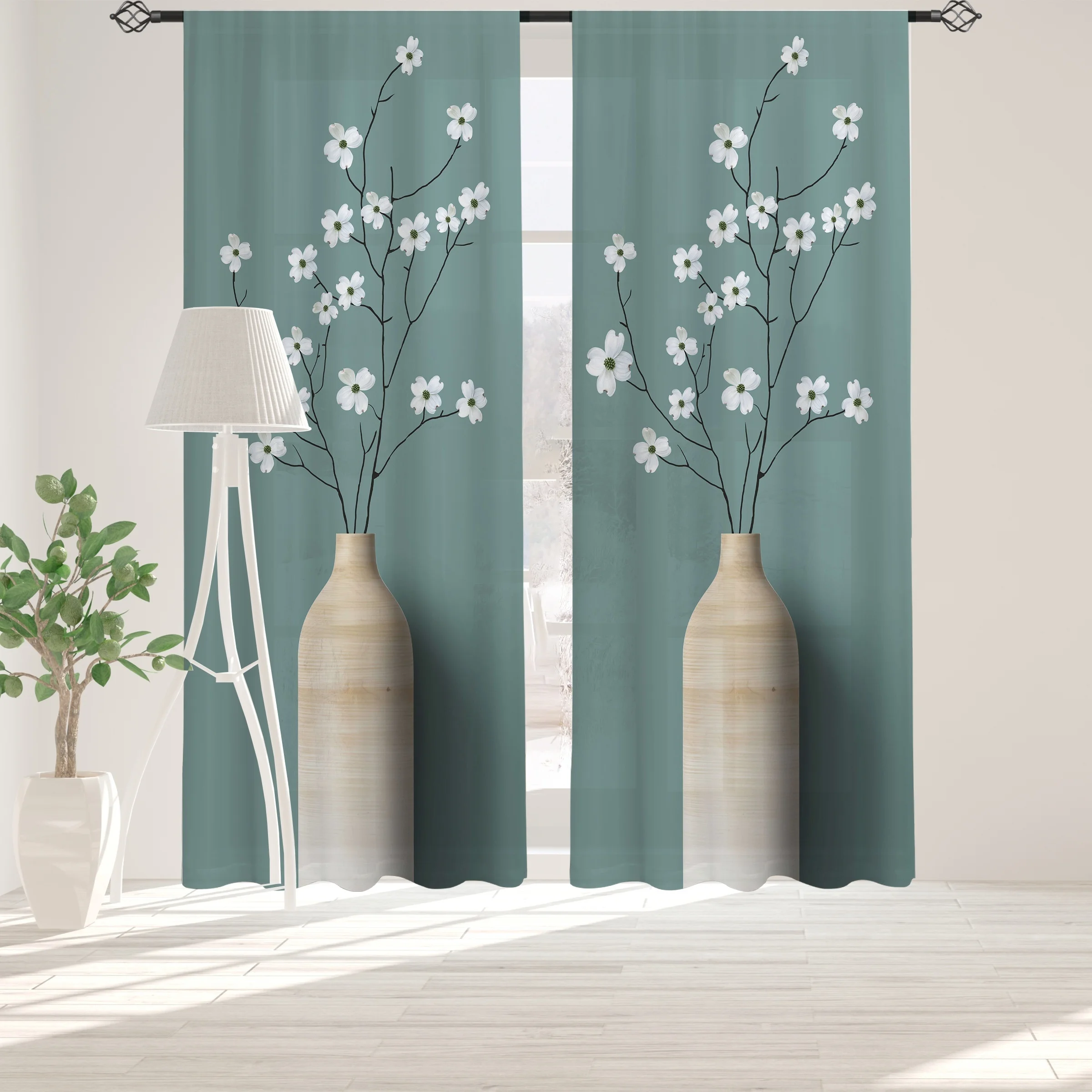 2pcs Blue Bottom White Vase Printed Translucent Curtains Living Room Game Room Bedroom Multi-scene Rod Pocket Decorative Curtain