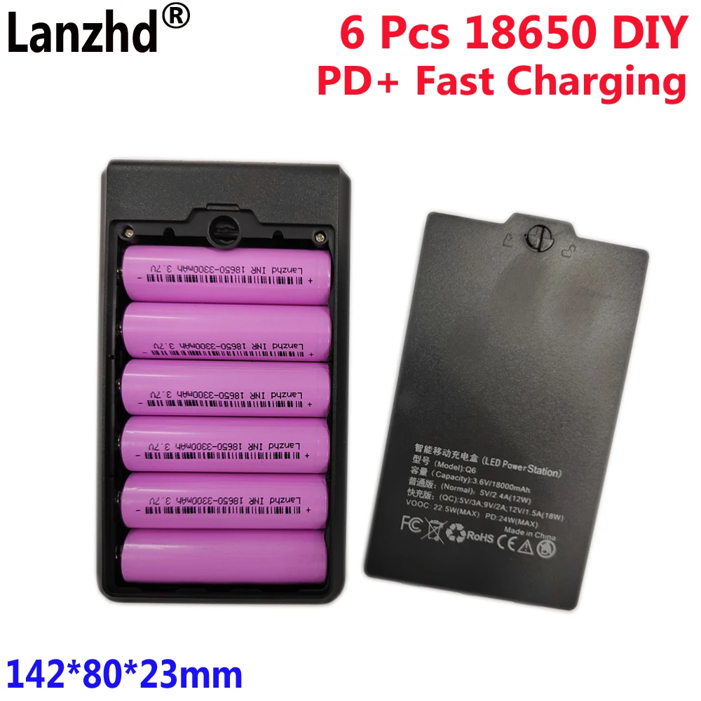 18650 mobile power sleeve charging For bank housing battery box + 6 pcs 3300mAh 18650 battery Removable weld-free