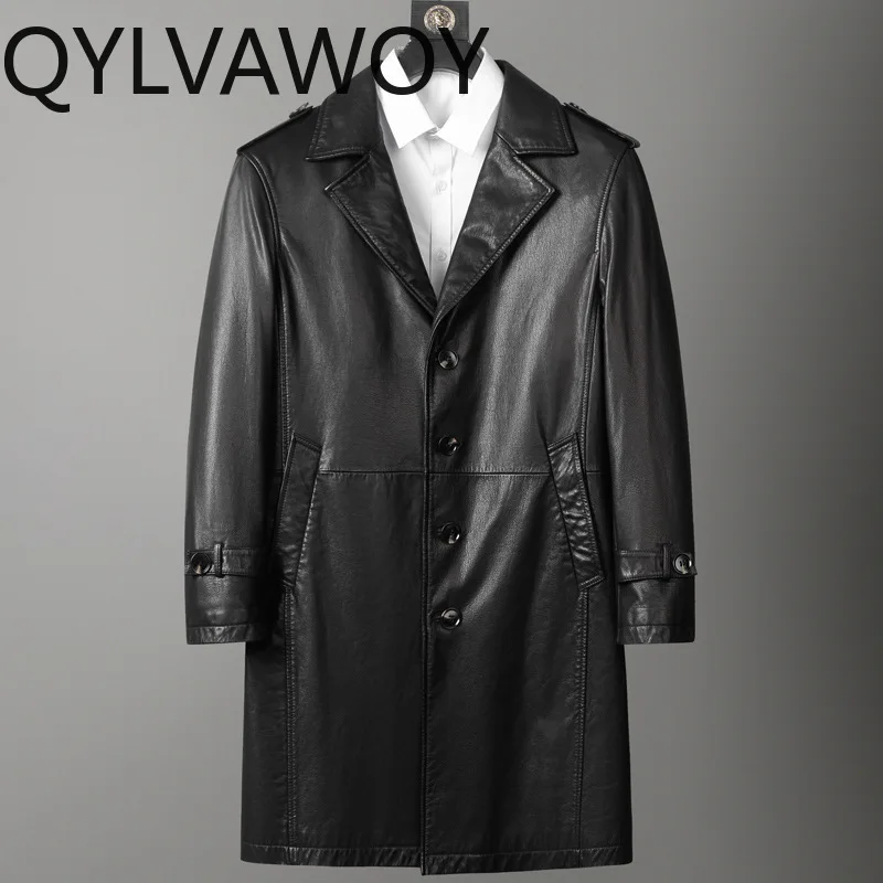 QYLVAWOY 2026 Autumn Winter New Men Genuine Leather Trench Coat Super Soft Wax Cowhide Real Leather Jacket Long Casual Overcoat
