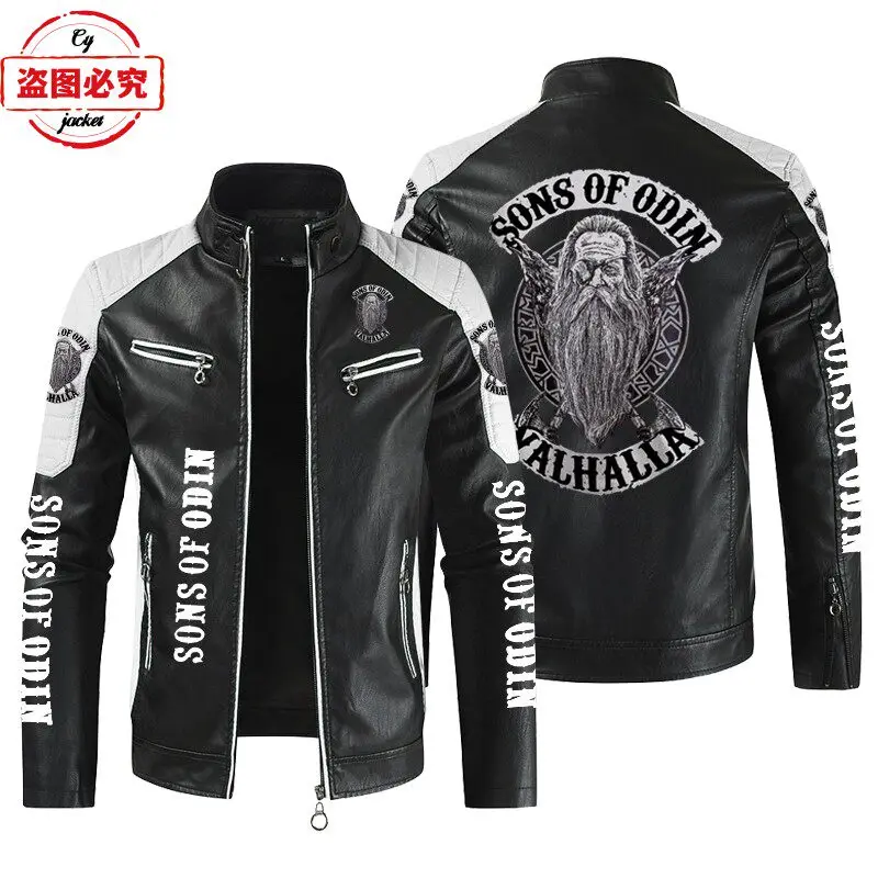 Jaqueta de Couro PU Lavado com Estampa Son of Odin Valhalla, Tamanho Europeu, Corta-Vento Masculina para Motociclismo
