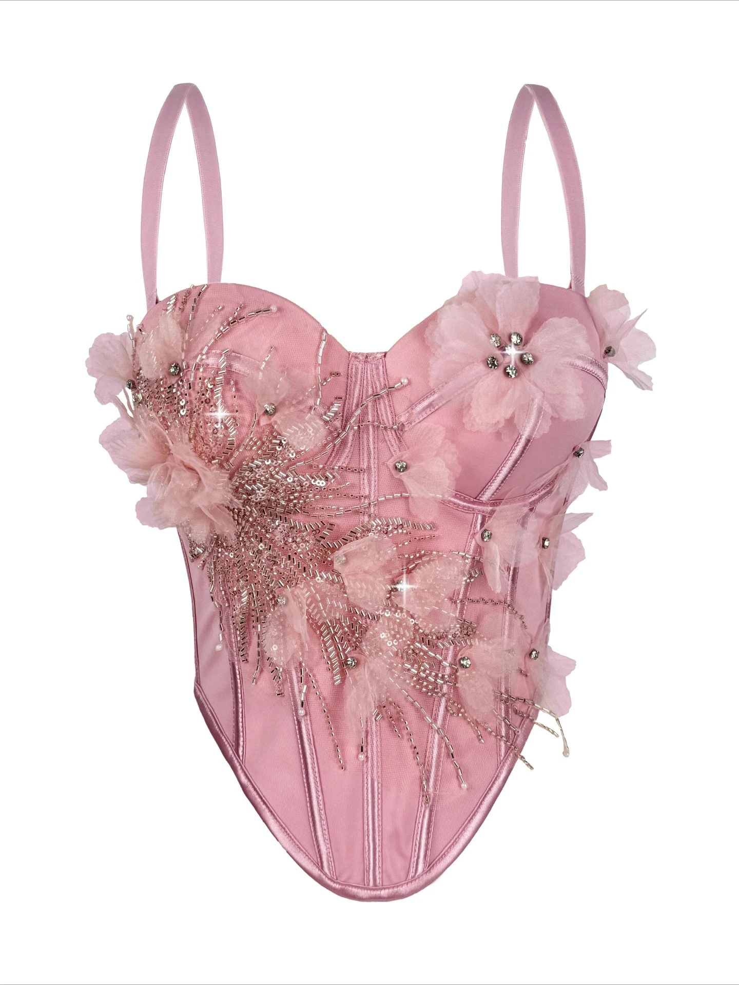 

SsTss Luxury 3D Floral Appliqué Corset Top Elegant Women's Rhinestone Details Adjustable Strap Sleeveless Boned Bustier Camis