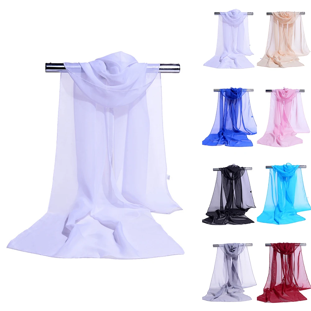 Women Solid Color Chiffon Scarf Elegant Long Shawl Hijab Summer Sun Protection Scarf Turban Beach Travel Outdoor Accessories
